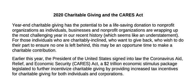 2020 Charitable Giving and the CARES Act